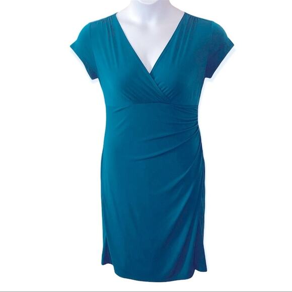 AB Studio Faux Wrap Dress Cap Sleeve Fitted Teal Midi Size Medium - Picture 2 of 12